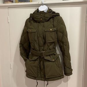 Burberry Brit army green belted puffer with detachable hood